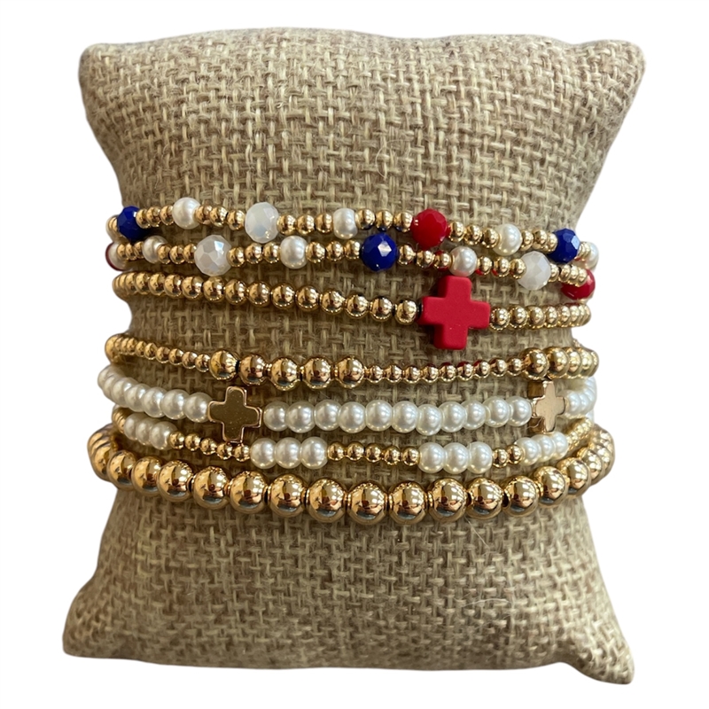 AB6160 CROSS CRYSTAL & PEARL 7 PC SET BEADED BRACELET