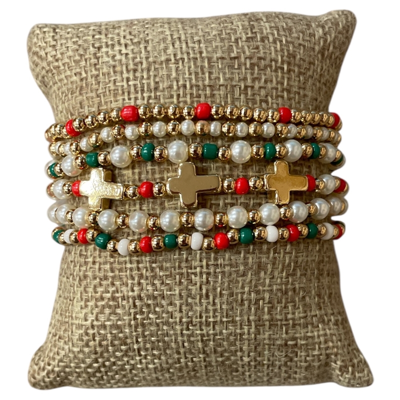 AB6182 CROSS PEARL MULTI BEADED 6 PCS BRACELET SET