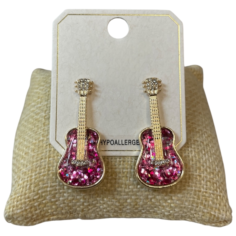 AE0498 GOLD GLITTERED GUITAR POST EARRINGS