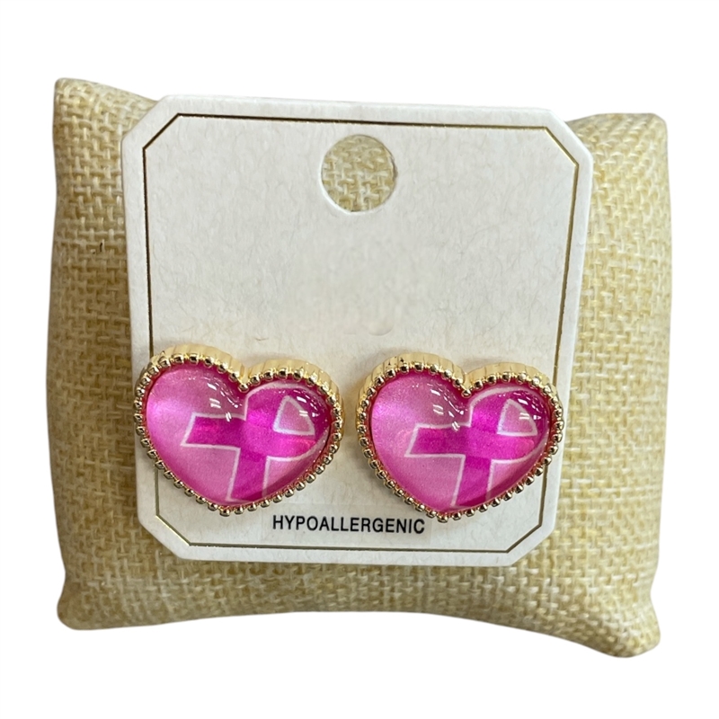 AE0505 HEART PINK RIBBON STUD EARRINGS