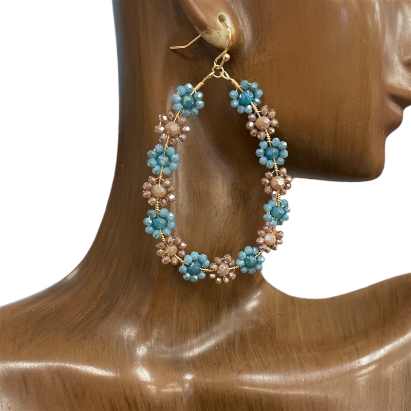 AE1637M  BLUE & MOCHA BEADED FLOWER EARRINGS