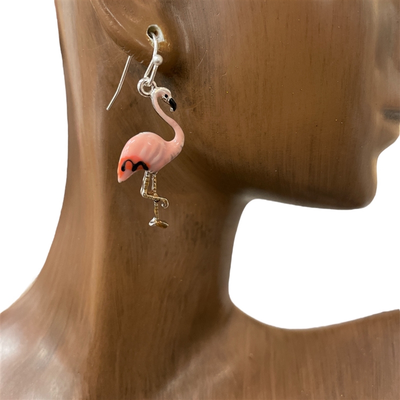 AE2572  PINK  SMALL SILVER FLAMINGO EARRINGS