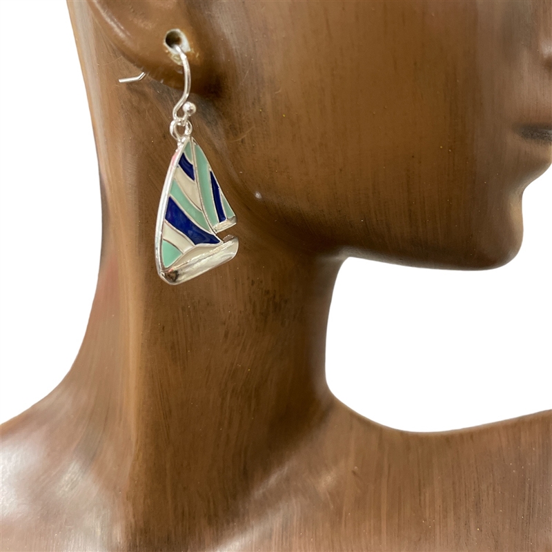 AE2965  BLUE SILVER SAILBOAT EARRINGS