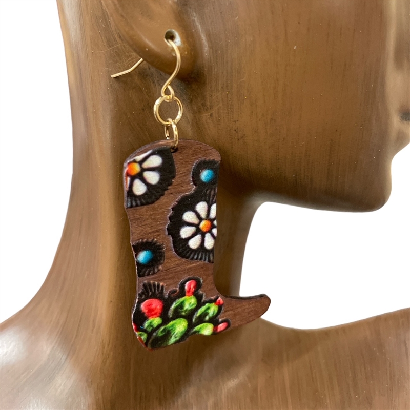 AE31086 FLOWER PAINTED WOODEN BOOTS EARRINGS