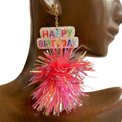 AE40092 PINK HAPPY BIRTHDAY TINSEL POMPOM EARRINGS