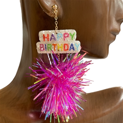 AE40092FS FUCHSIA  HAPPY BIRTHDAY TINSEL POMPOM EARRINGS