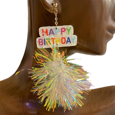 AE40092IR  IRIDESCENT HAPPY BIRTHDAY TINSEL POMPOM EARRINGS