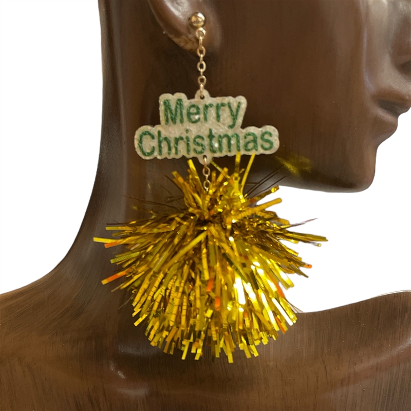 AE40095GD GOLD MERRY CHRISTMAS TINSEL POMPOM EARRINGS