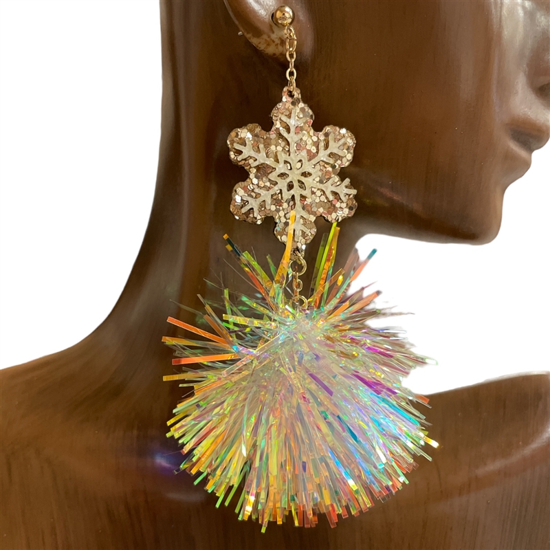 AE40097 SNOWFLAKE & IRIDESCENT TINSEL POMPOM EARRINGS