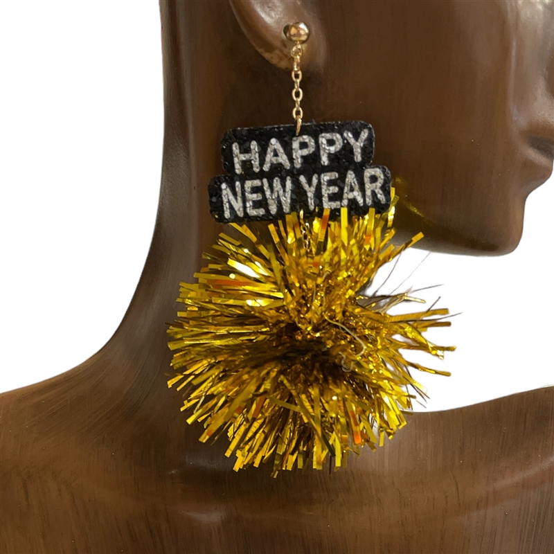 AE40098GD GOLD HAPPY NEW YEAR TINSEL POMPOM EARRINGS