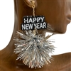 AE40098SL  SILVER HAPPY NEW YEAR TINSEL POMPOM EARRINGS