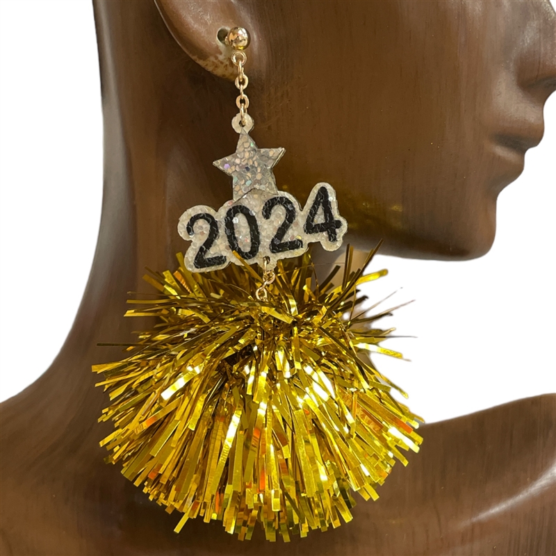 AE40099GD  GOLD 2024 TINSEL POMPOM EARRINGS
