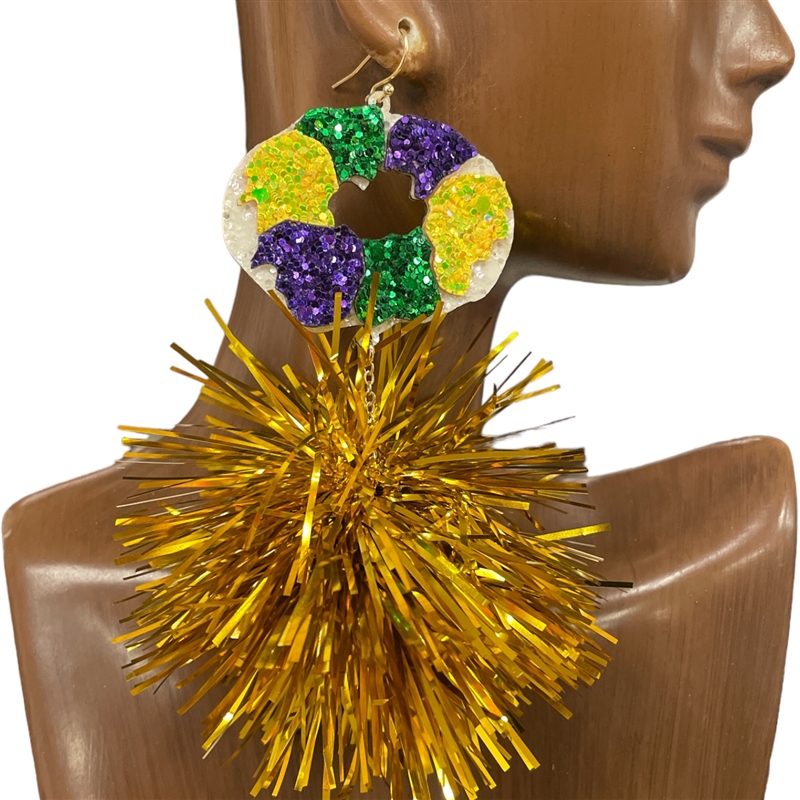 AE40126  MARDI GRAS  &TINSEL POMPOM EARRINGS