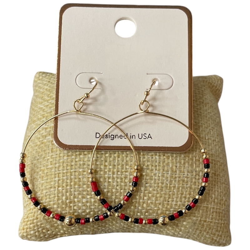 AE4758RB  GOLD RED BLACK BEADED ROUND EARRINGS