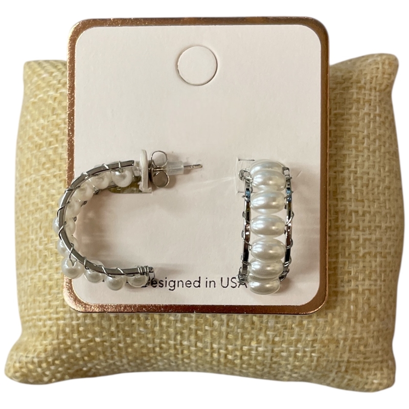 AE4826 SILVER PEARL BEADED SMALL HOOP  EARRINGS