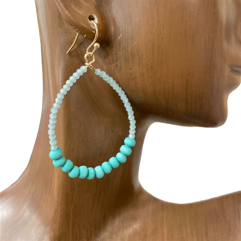 AE50513 BEADED WOODEN &CRYSTAL TEARDROP EARRINGS