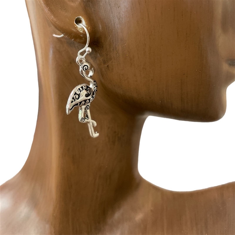 AE5326  ANTIQUE SMALL SILVER FLAMINGO EARRINGS