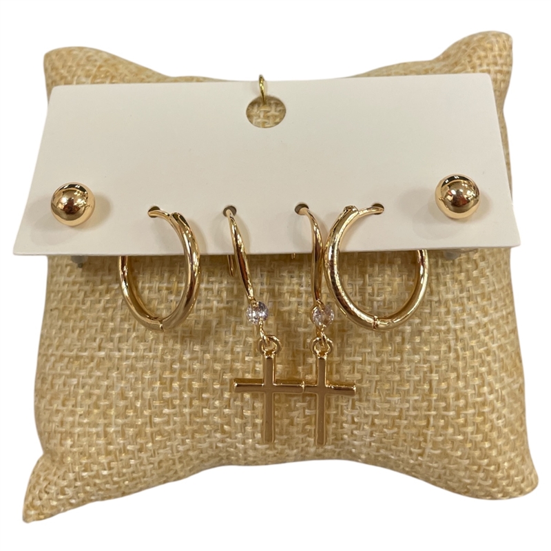 AE5570 CROSS SMALL HOOP 3PCS GOLD SET EARRINGS