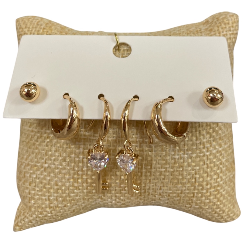 AE5573 HEART KEY SMALL HOOP 3PCS GOLD SET EARRINGS