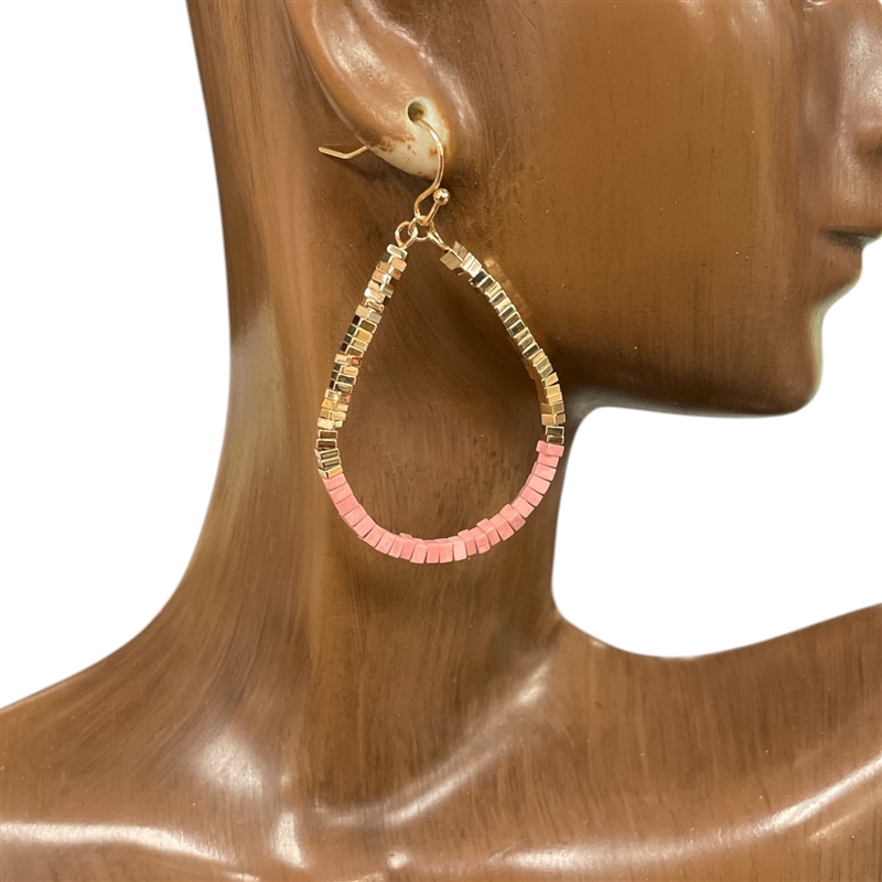 AE5746 SQUARE BEADED TEARDROP HOOP EARRINGS