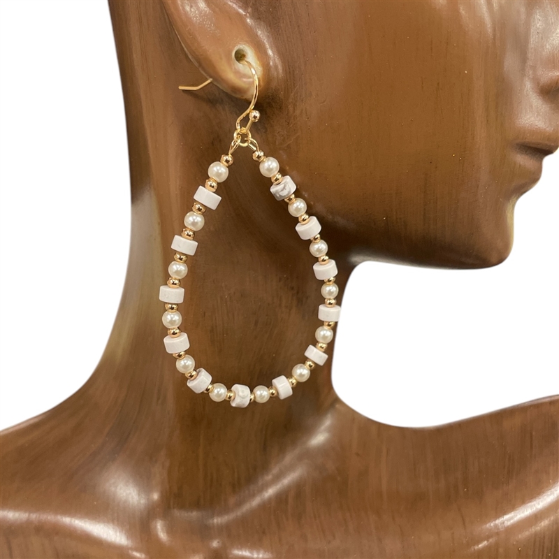AE5790 PEARL WHITE STONE BEADED TEARDROP EARRINGS