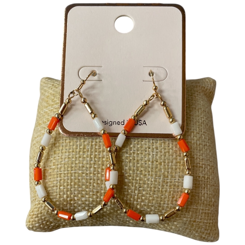 AE6096OR  GOLD ORANGE WHITE BEADED ROUND EARRINGS
