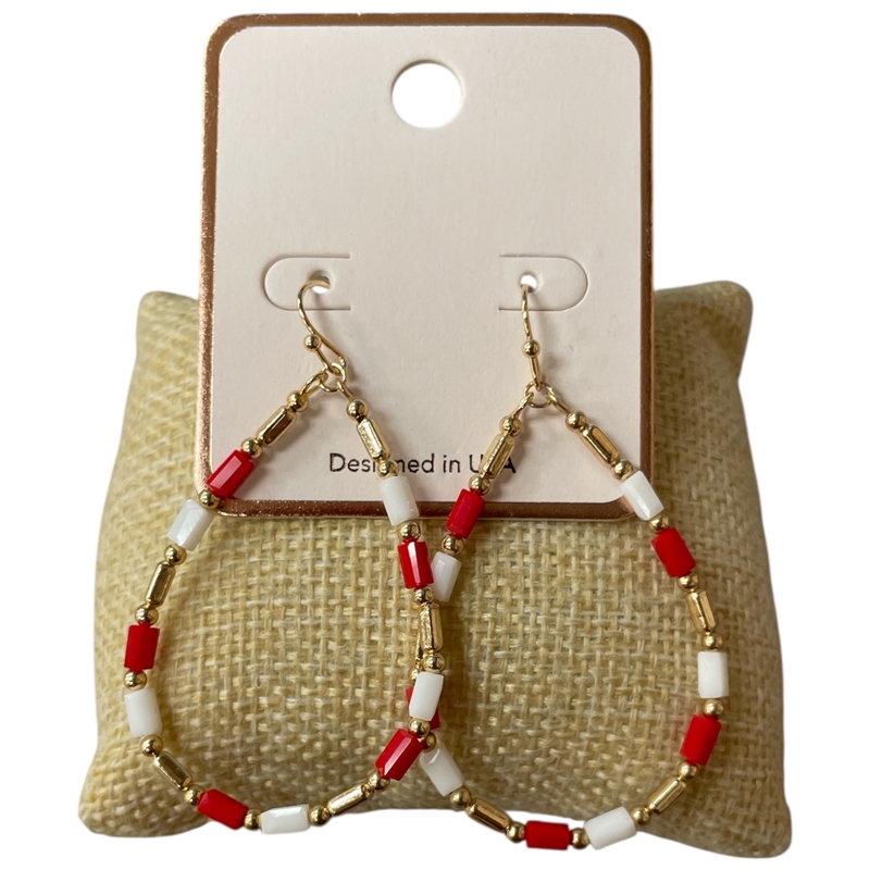 AE6096RD GOLD RED WHITE BEADED ROUND EARRINGS