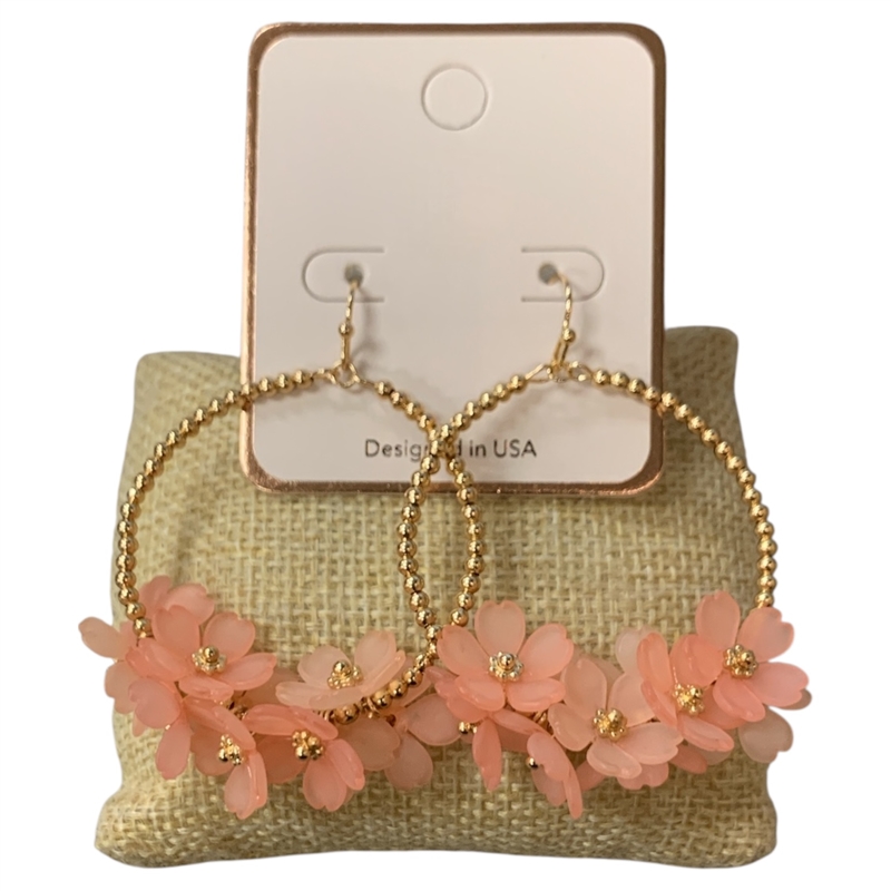 AE6137 PINK GOLD BEADED FLOWER DANGLE EARRINGS