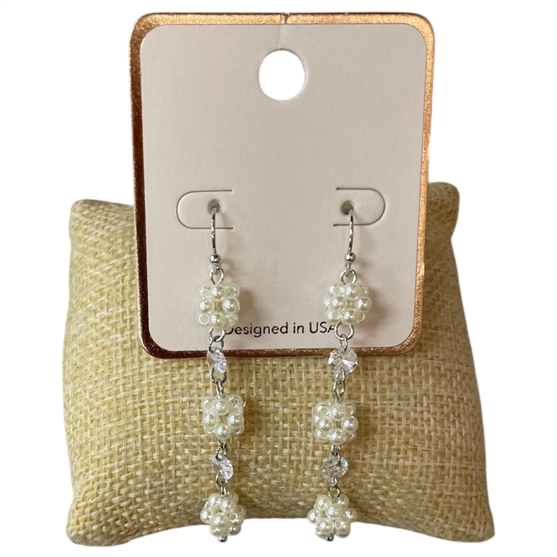 AE6150 SILVER PEARL & CRYSTAL BEADED DANGLE EARRINGS