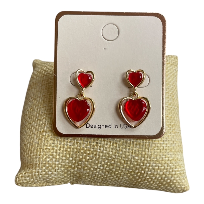 AE6211 RED  DOUBLE HEART EARRINGS