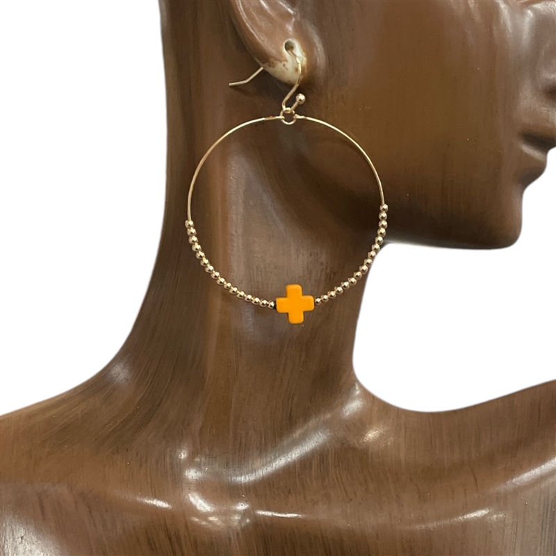 AE810O ORANGE BEADED CROSS HOOP EARRING