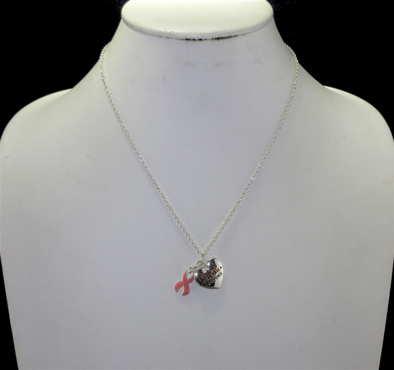 AN1573 INSPIRATIONAL HEART & PINK RIBBON SILVER NECKLACE