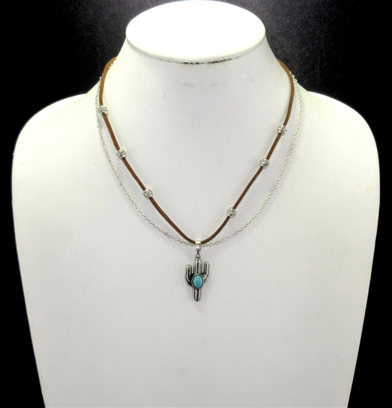 AN2766 BROWN SUEDE SILVER CACTUS SHORT NECKLACE