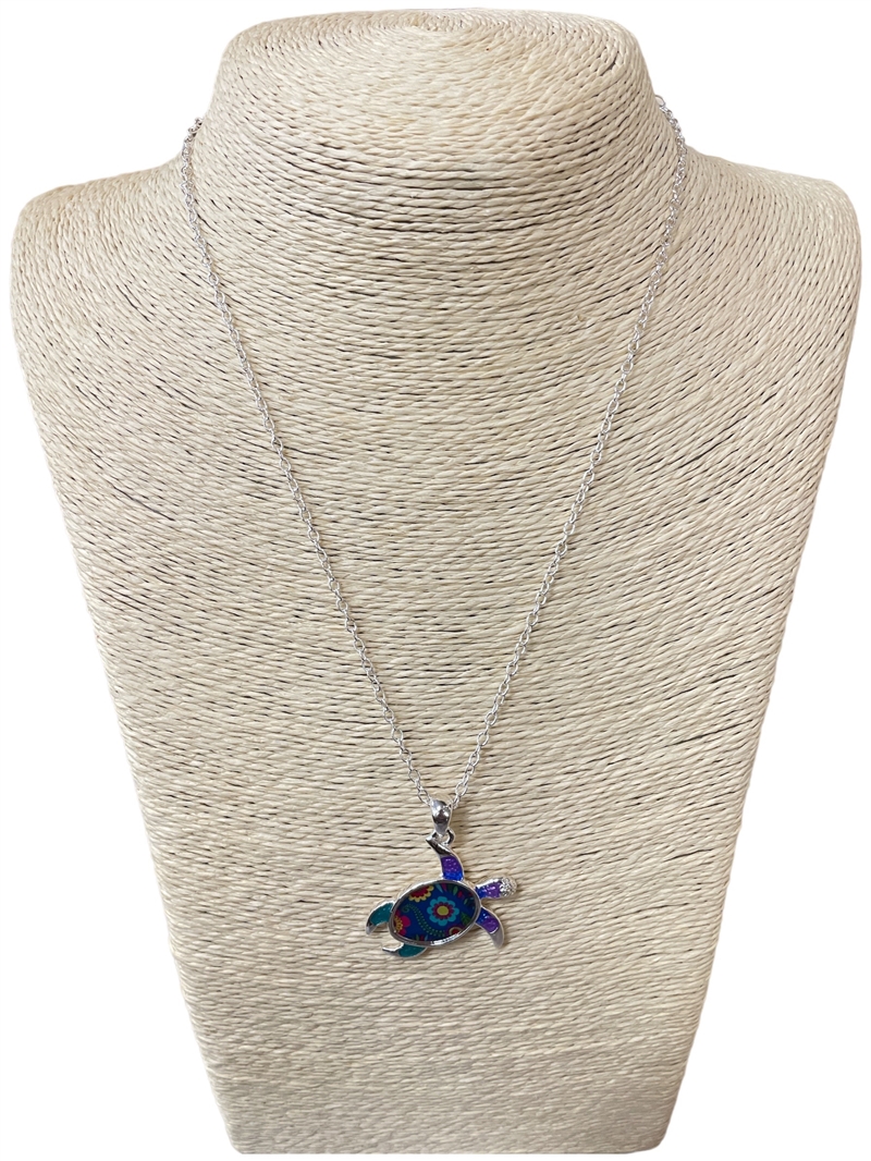 AN3026  18'' MULTI COLOR TURTLE SILVER CHAIN NECKLACE