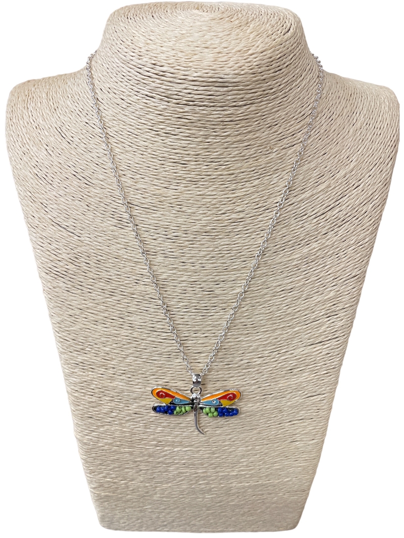 AN3094 18'' MULTI COLOR DRAGONFLY SILVER CHAIN NECKLACE