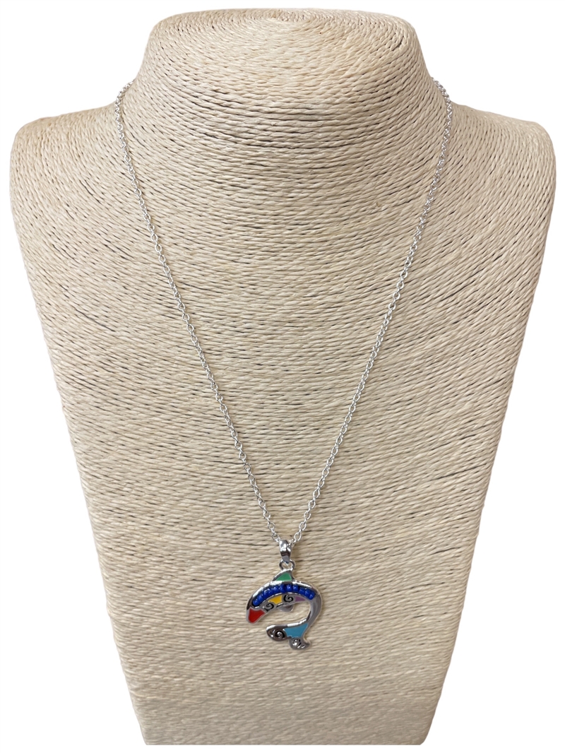 AN3106 18'' MULTI COLOR DOLPHIN SILVER CHAIN NECKLACE