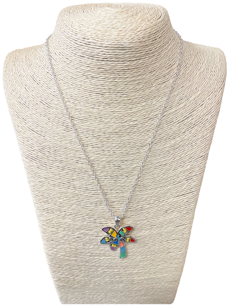 AN3122 18''  MULTI COLOR PALM TREE  SILVER CHAIN NECKLACE