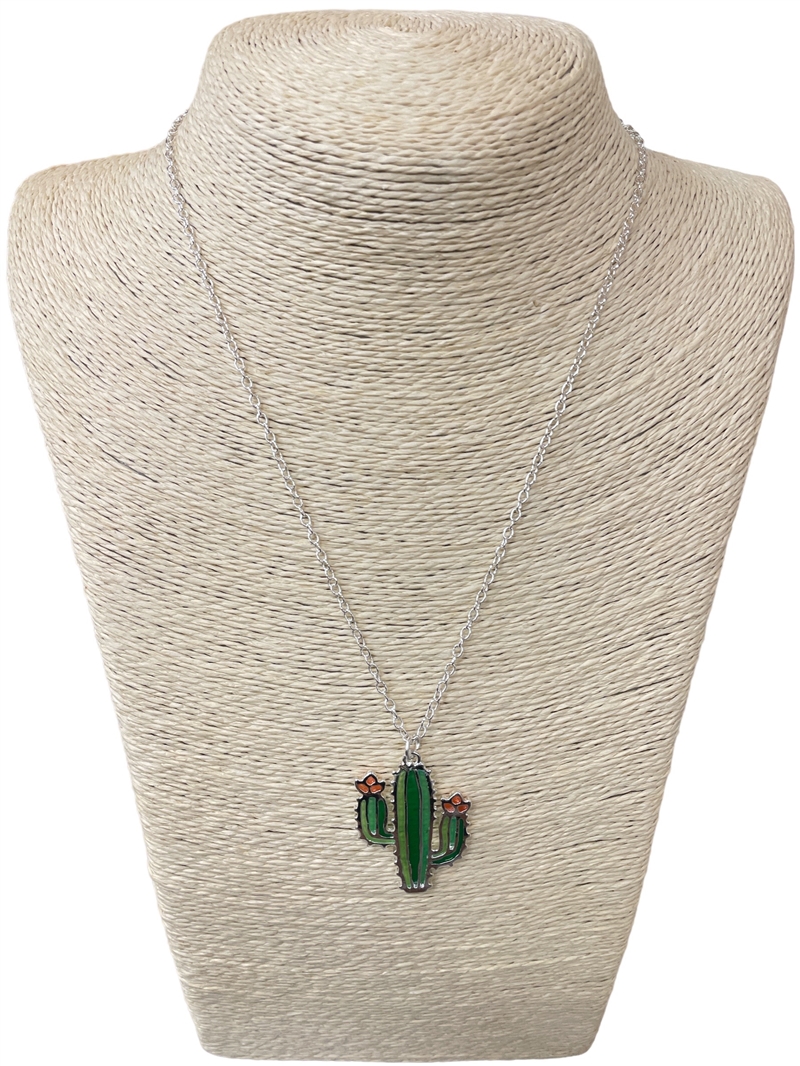 AN3124  18'' GREEN CACTUS  SILVER CHAIN NECKLACE