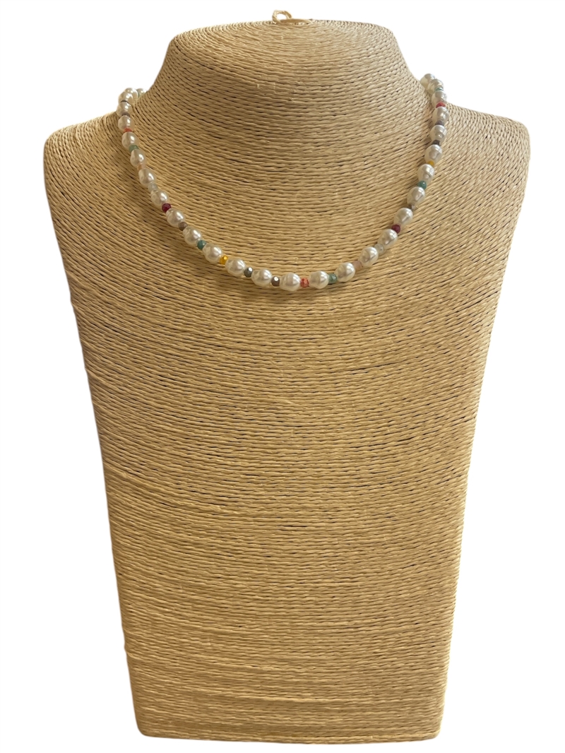 AN4567 MULTI COLOR CRYSTAL & PEARL BEADED SHORT NECKLACE