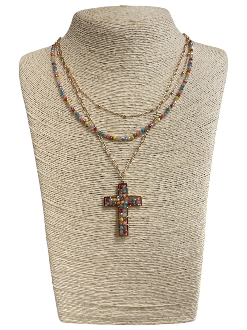 AN4824 GOLD LAYERED CRYSTAL BEADED CROSS NECKLACE