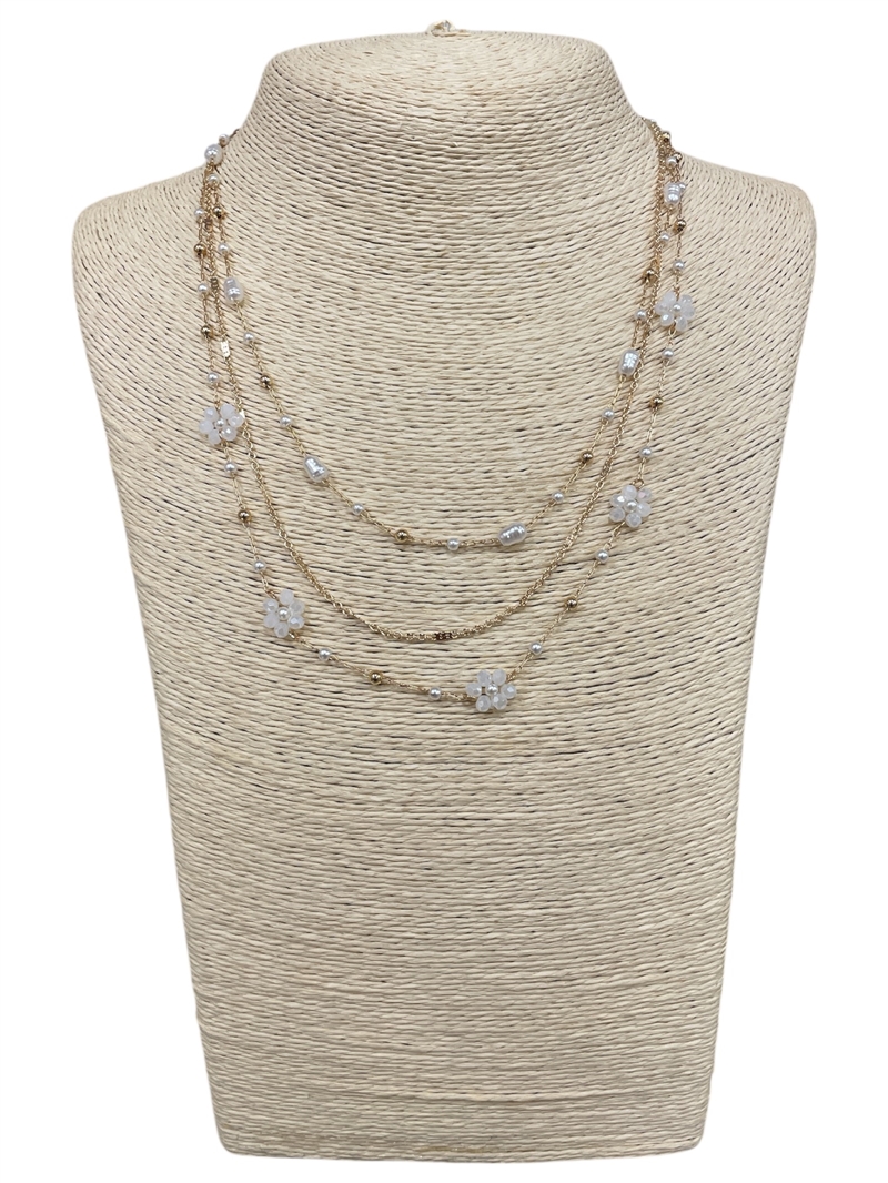 AN5401 CRYSTAL BEADED FLOWER LAYERED PEARL NECKLACE