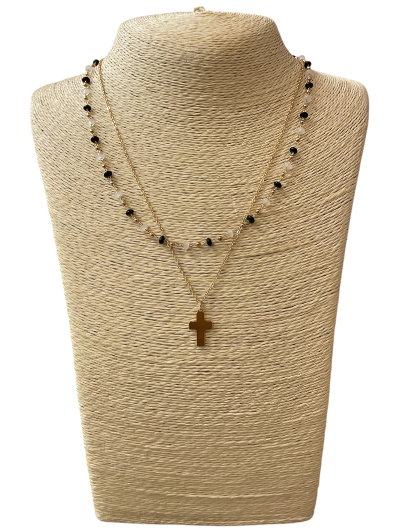 AN5772 LAYERED BEADED SHORT CROSS GOLD NECKLACE