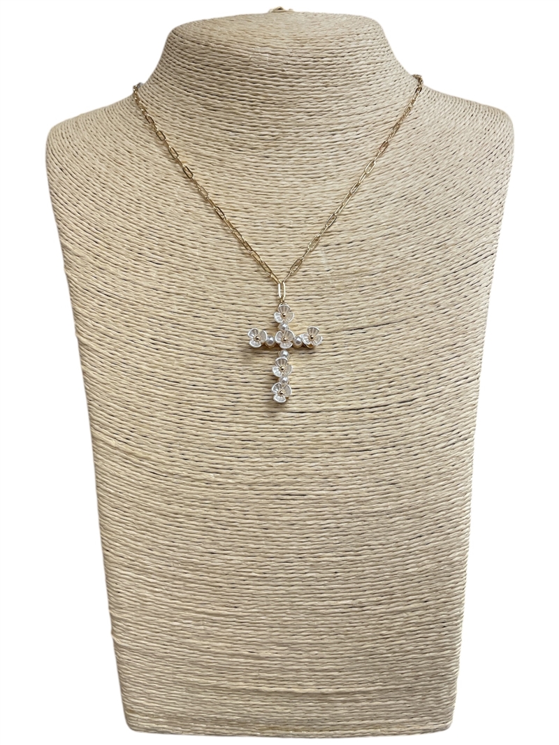 AN5946 SMALL FLORAL CROSS SHORT NECKLACE