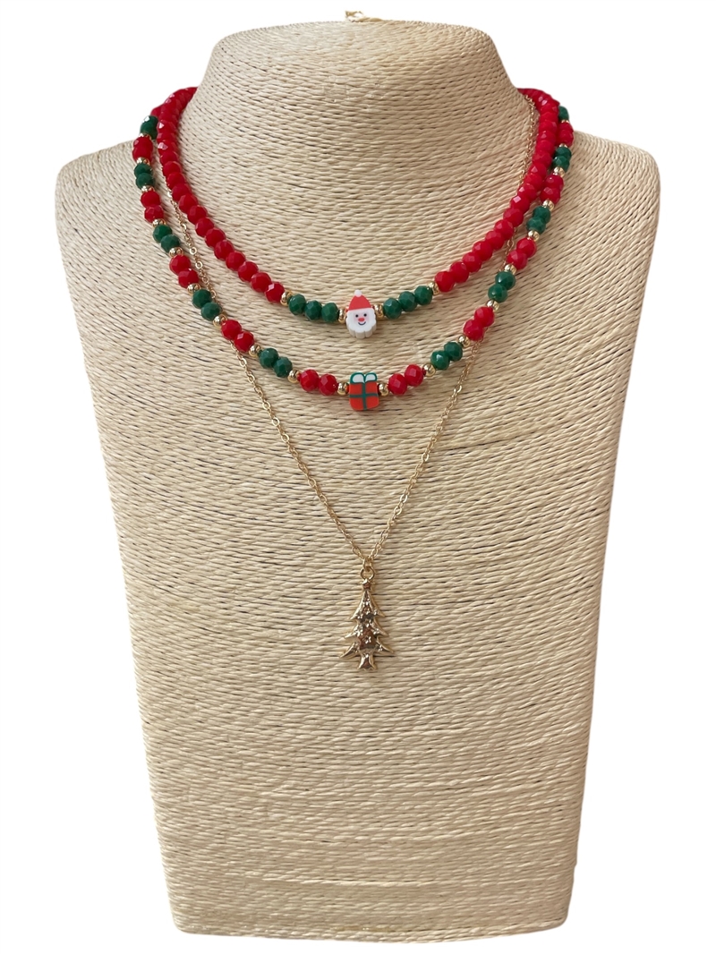 AN6179 GOLD CRYSTAL BEADED LAYER CHRISTMAS  NECKLACE