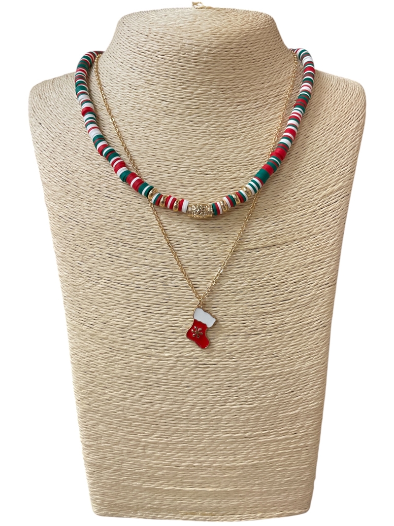 AN6180 GOLD BEADED LAYER CHRISTMAS STOCKING NECKLACE