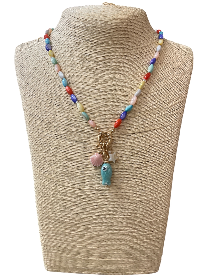 AN6232 CERAMIC FISH CHARMS SEA-SHELL BEADED NECKLACE