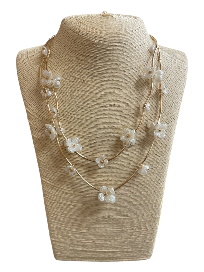 AN6266  PEARL FLOWERS DOUBLE CHAIN NECKLACE