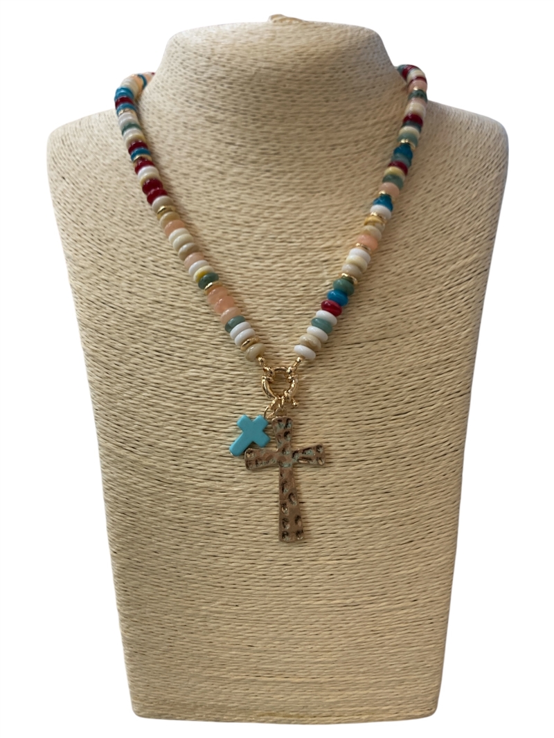 AN6276 BEADED MULTI GOLD CROSS NECKLACE