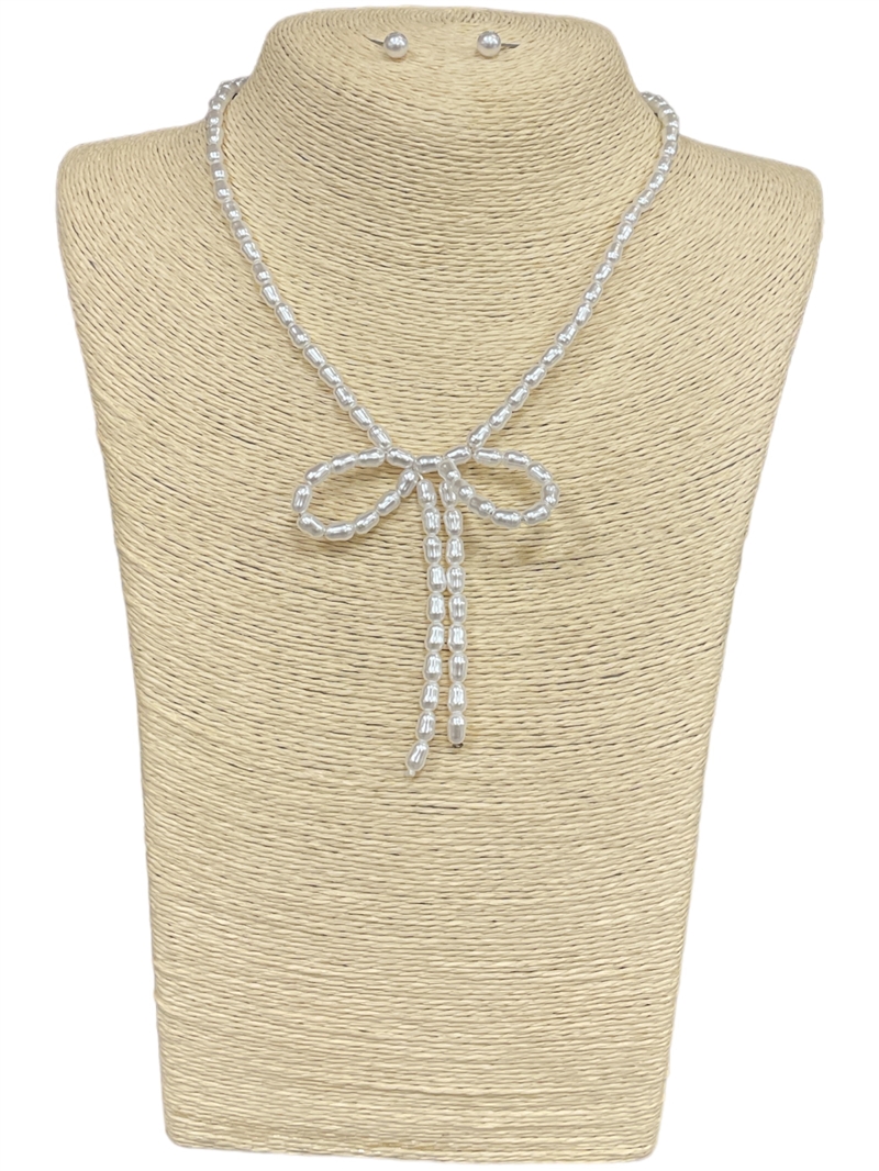 ANE20288 PEARL BOW  SHORT NECKLACE SET
