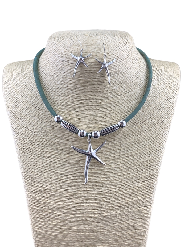 AS6912 GREEN SILVER ANTIQUE STAR FISH SHORT NECKLACE SET